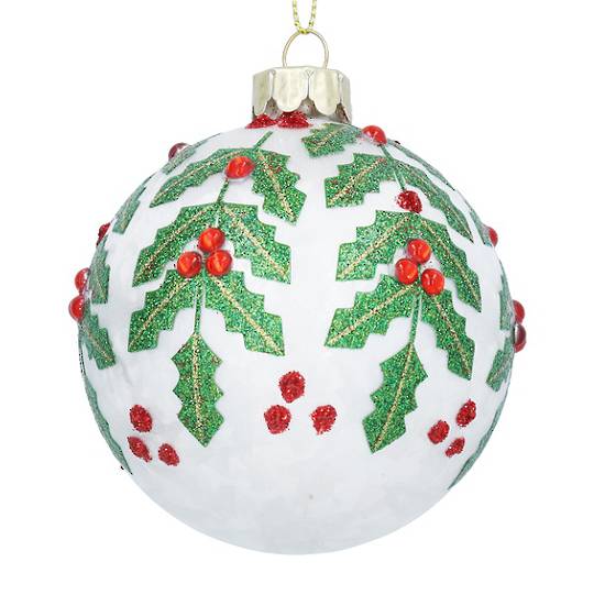 INDENT - Pack 12, Glass Ball White, Holly Sprays 8cm